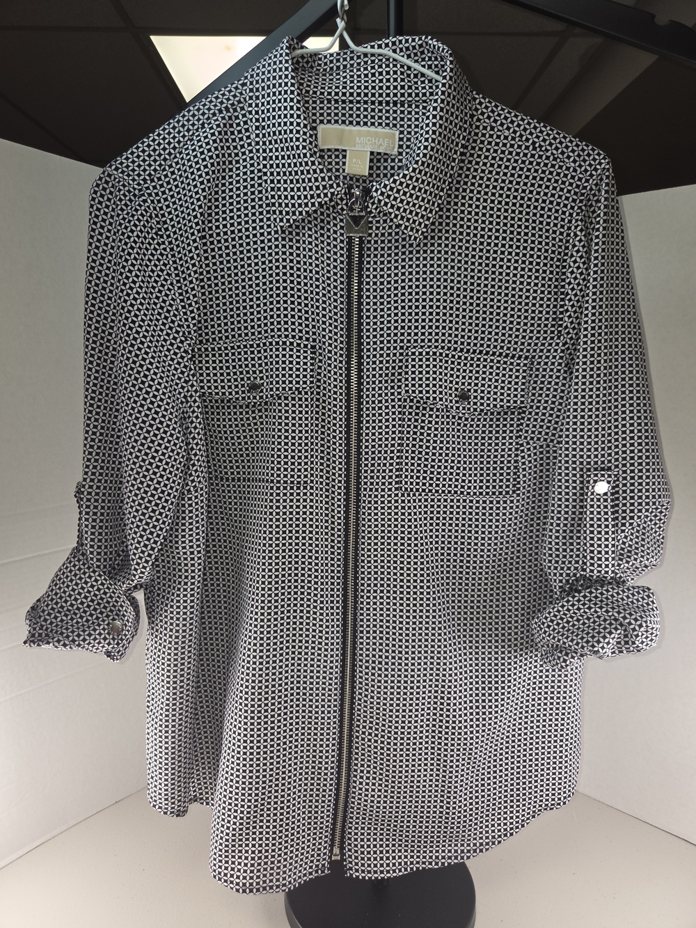 Michael Kors Zip-Up Utility blouse w sig metal MK Logo zipper pull Petite Large